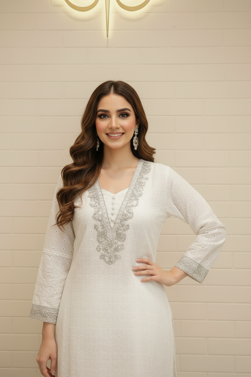 White Chikankari Kurta Set | Silver Zari V-Neckline Pakistani Dress – Aayat Studio - Aayat Studio- House of embroidery