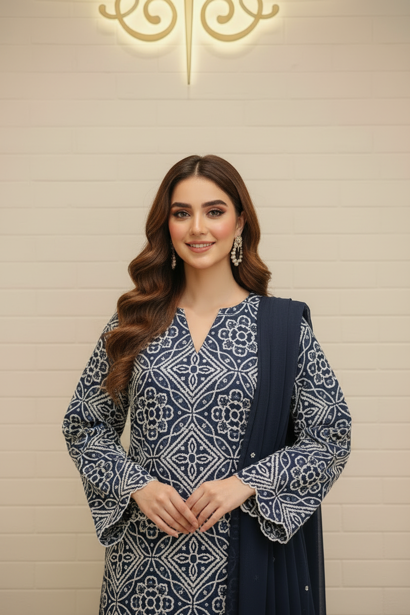 Navy Blue Kantha Chikankari Kurta Set | All-Over Geometric Embroidery Pakistani Dress – Aayat Studio - Aayat Studio- House of embroidery