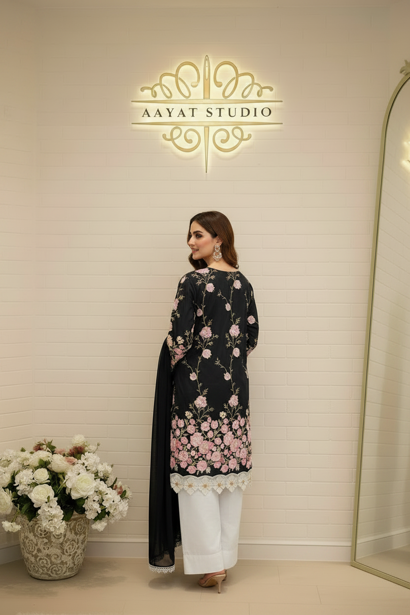 Black Floral Embroidered Kurta Set | 3D Appliqué Multicolour Pakistani Dress – Aayat Studio - Aayat Studio- House of embroidery