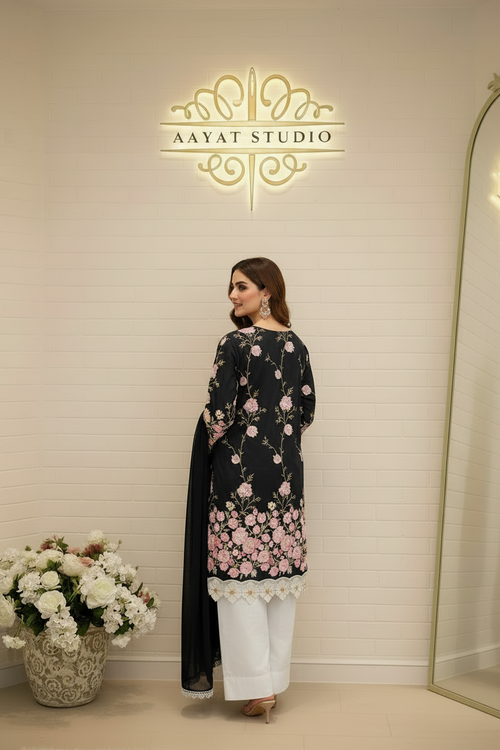 Black Floral Embroidered Kurta Set | 3D Appliqué Multicolour Pakistani Dress – Aayat Studio - Aayat Studio- House of embroidery