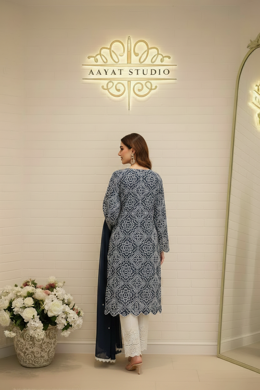 Navy Blue Kantha Chikankari Kurta Set | All-Over Geometric Embroidery Pakistani Dress – Aayat Studio - Aayat Studio- House of embroidery