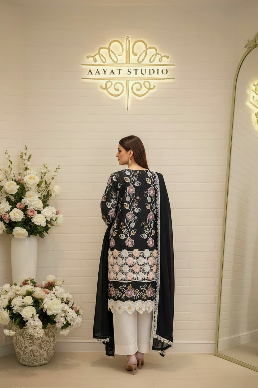 Black Floral Embroidered Kurta Set | 3D Appliqué Multicolour Pakistani Dress – Aayat Studio - Aayat Studio- House of embroidery