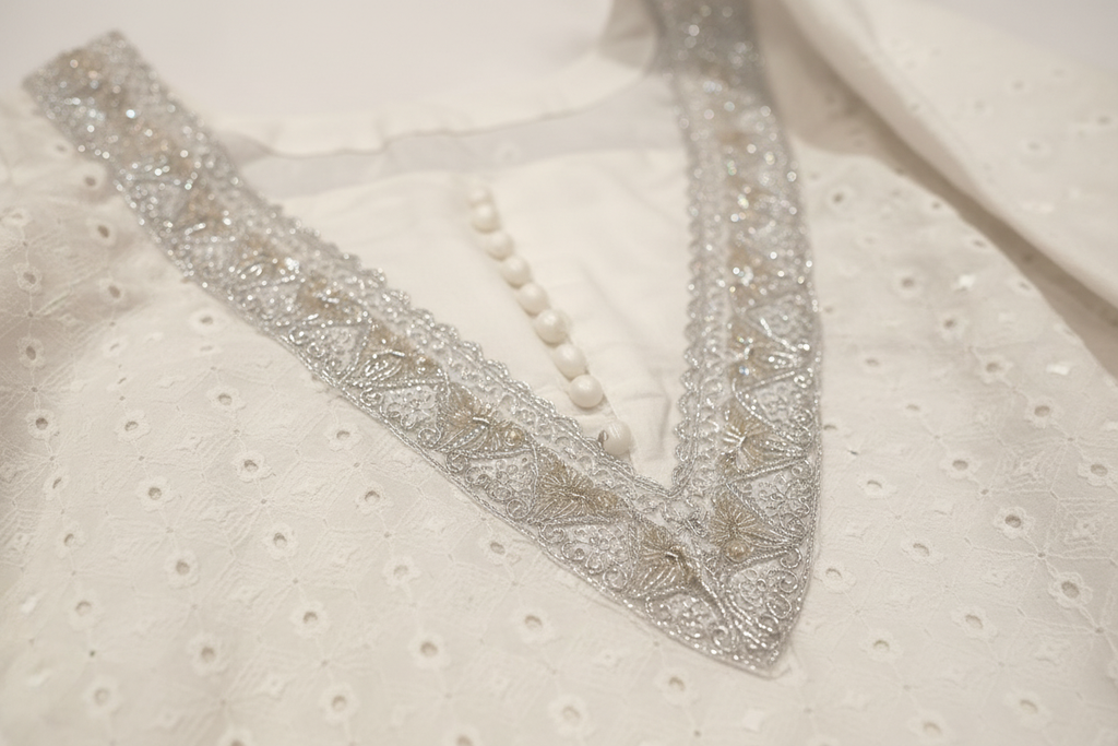 White Chikankari Kurta Set | Silver Zari V-Neckline Pakistani Dress – Aayat Studio - Aayat Studio- House of embroidery