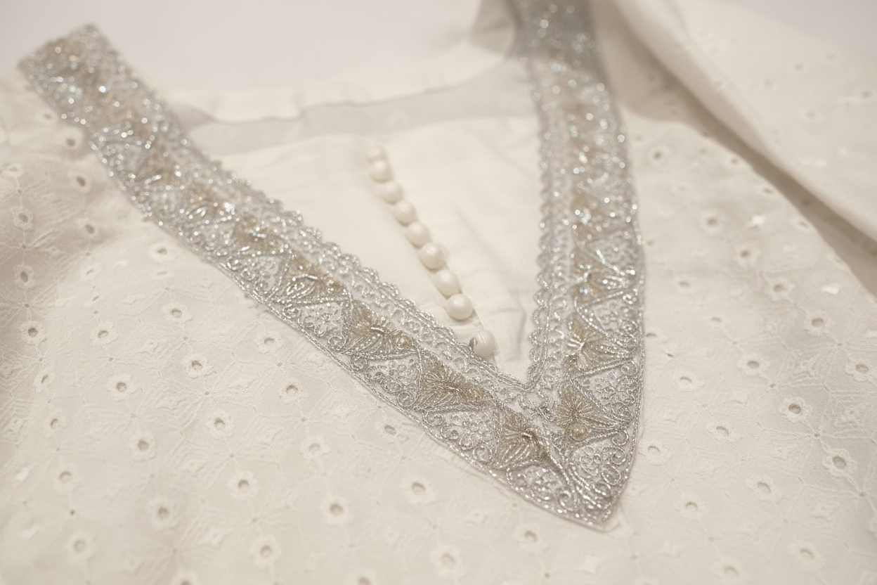 White Chikankari Kurta Set | Silver Zari V-Neckline Pakistani Dress – Aayat Studio - Aayat Studio- House of embroidery