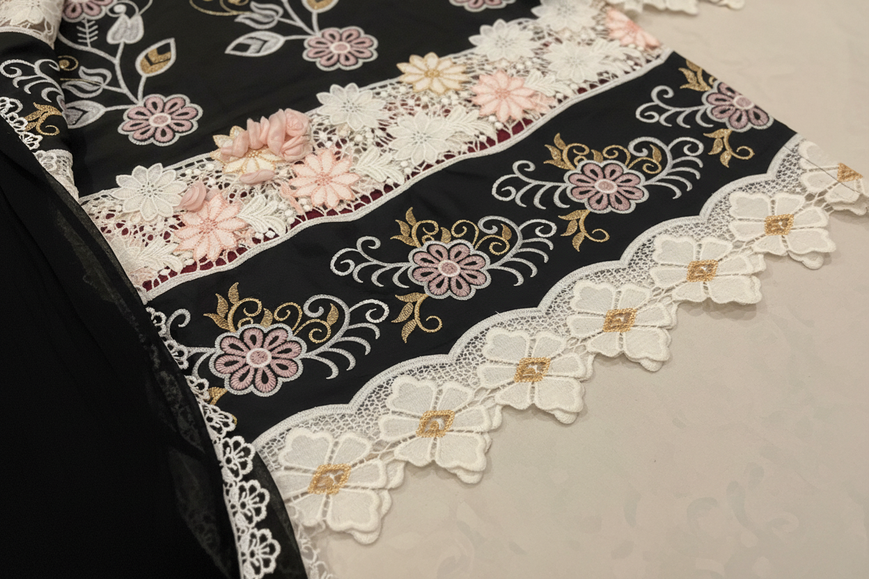 Black Floral Embroidered Kurta Set | 3D Appliqué Multicolour Pakistani Dress – Aayat Studio - Aayat Studio- House of embroidery