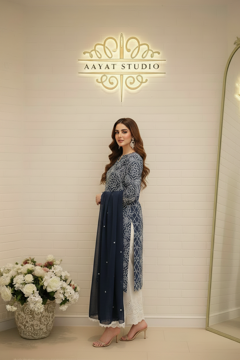 Navy Blue Kantha Chikankari Kurta Set | All-Over Geometric Embroidery Pakistani Dress – Aayat Studio - Aayat Studio- House of embroidery