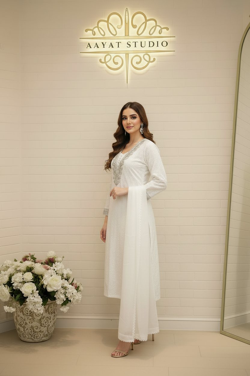 White Chikankari Kurta Set | Silver Zari V-Neckline Pakistani Dress – Aayat Studio - Aayat Studio- House of embroidery