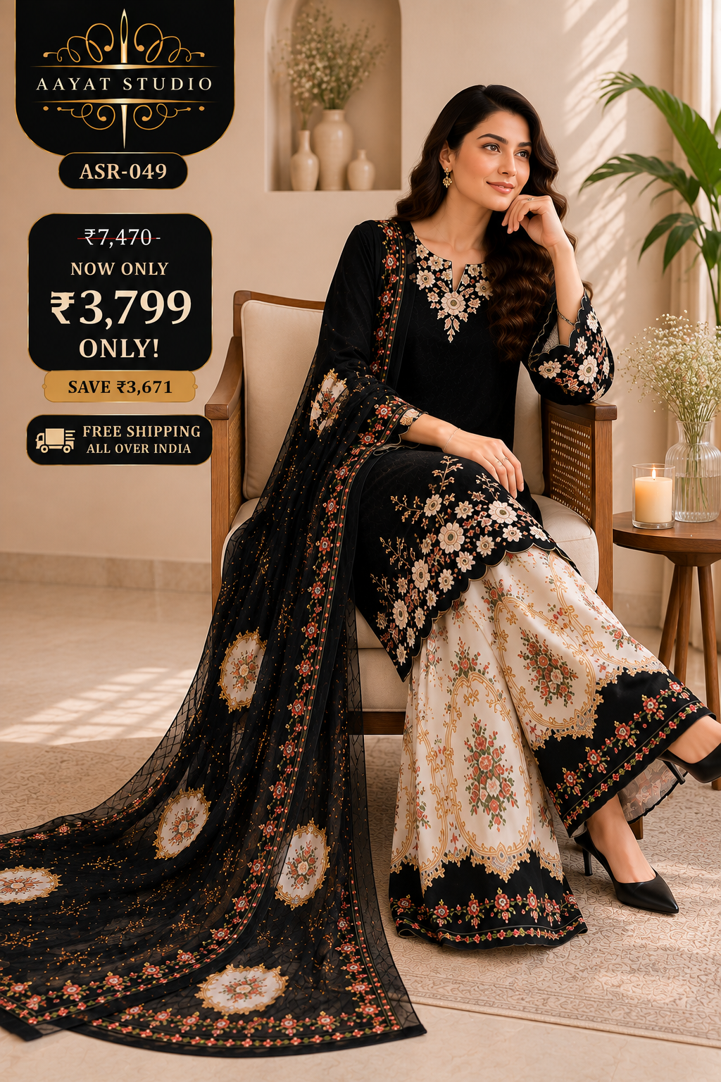 Black Floral Embroidered Pakistani Suit (ASR-049)