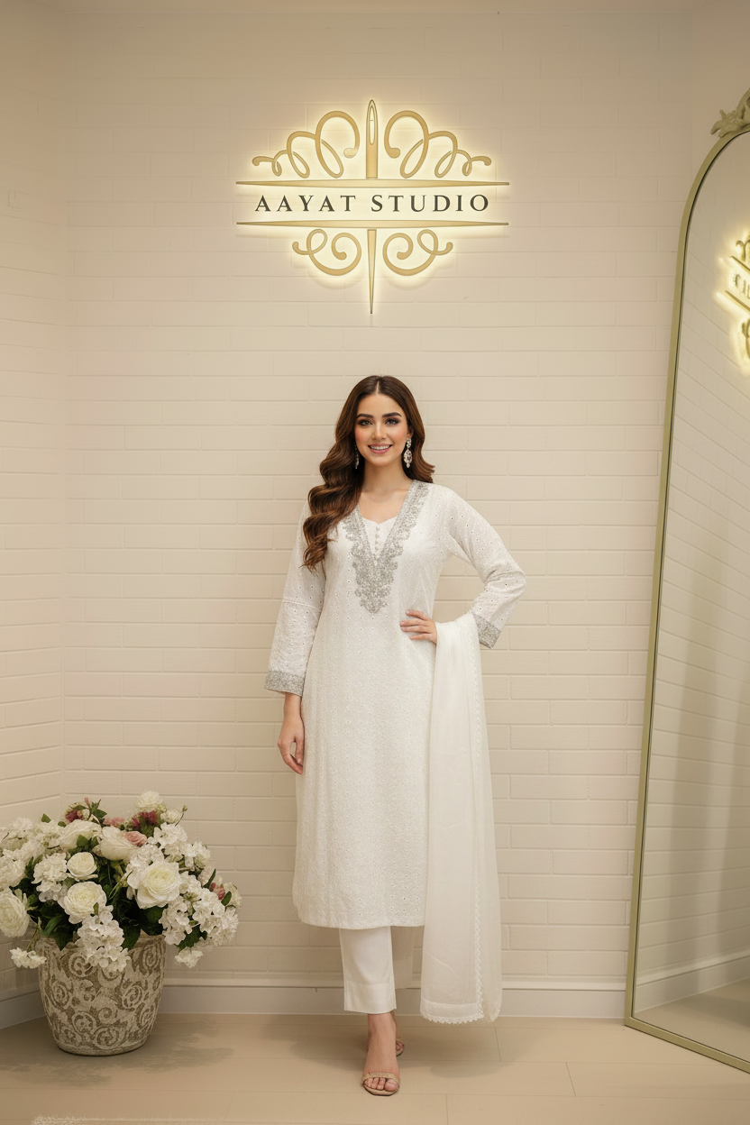 White Chikankari Kurta Set | Silver Zari V-Neckline Pakistani Dress – Aayat Studio - Aayat Studio- House of embroidery