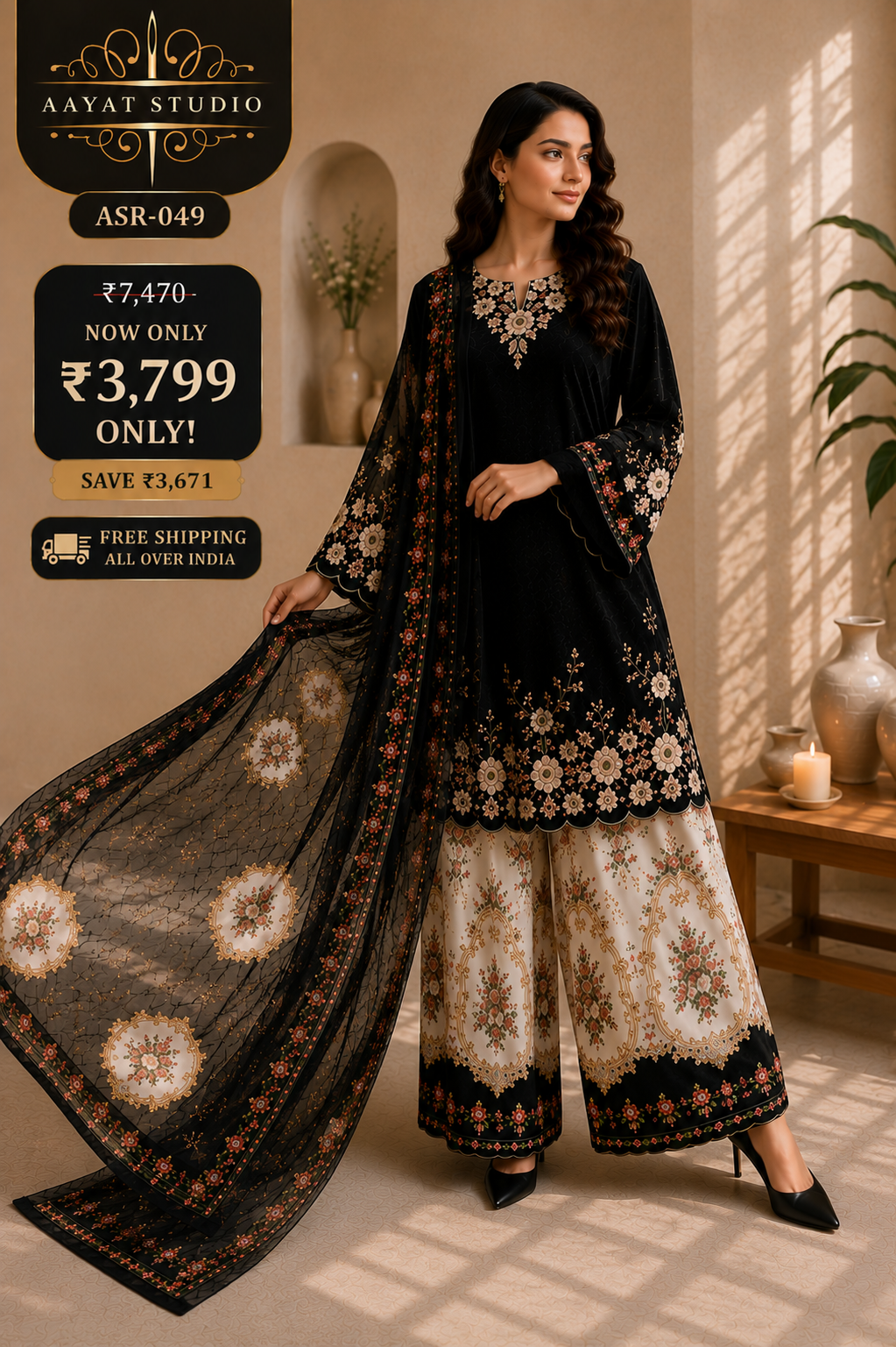 Black Floral Embroidered Pakistani Suit (ASR-049)