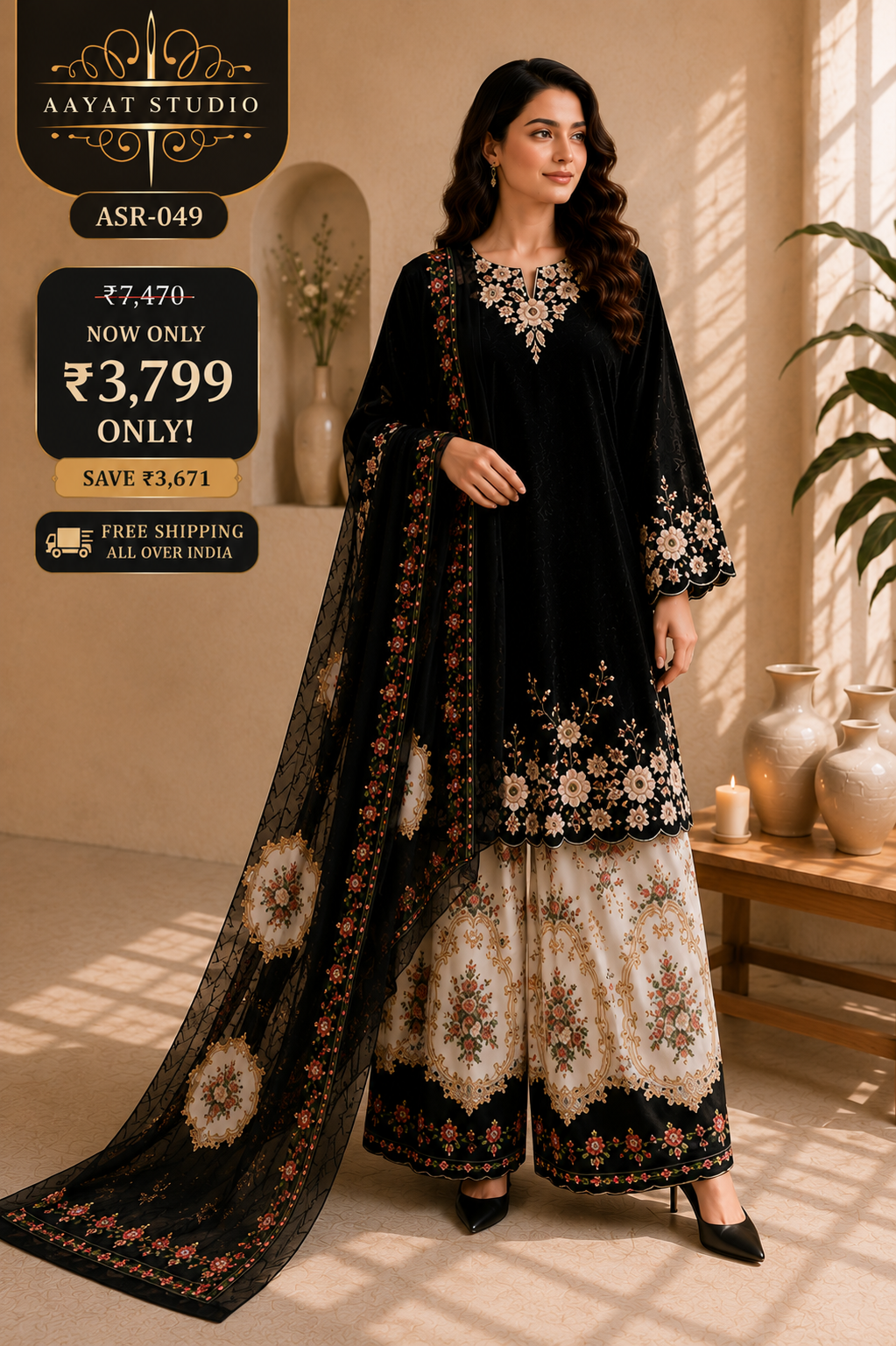Black Floral Embroidered Pakistani Suit (ASR-049)