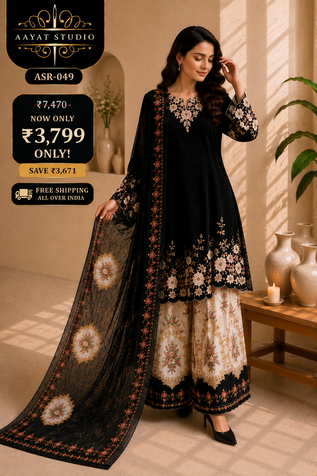 Black Floral Embroidered Pakistani Suit (ASR-049)