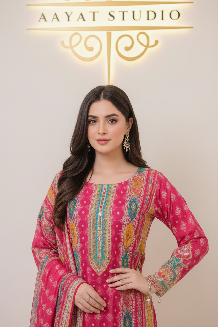 Pink Printed Lawn Suit | Embellished Neckline Kurta – Aayat Studio - Aayat Studio- House of embroidery