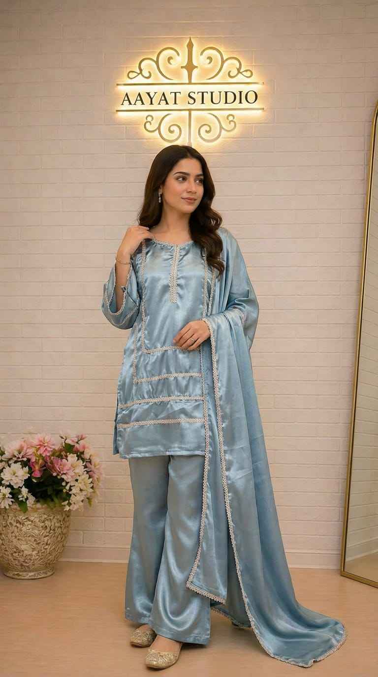 Ice Blue Satin Silk Palazzo Suit | Gold Lace Trim Pakistani Luxury Dress – Aayat Studio