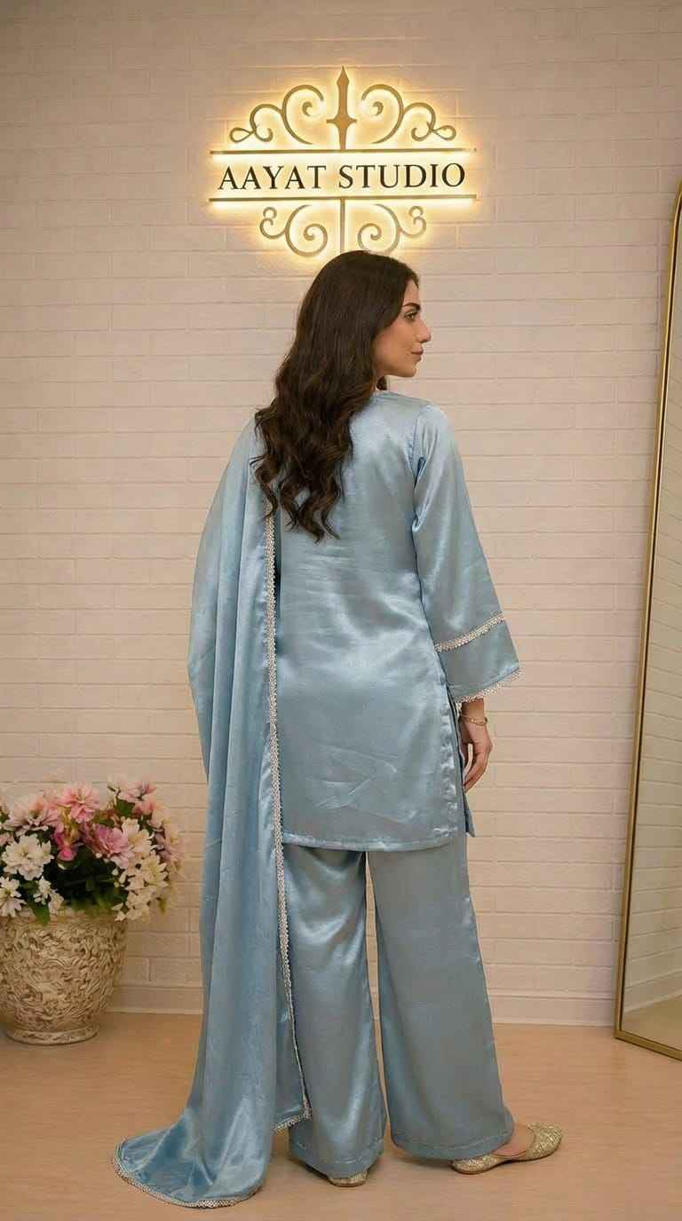Ice Blue Satin Silk Palazzo Suit | Gold Lace Trim Pakistani Luxury Dress – Aayat Studio