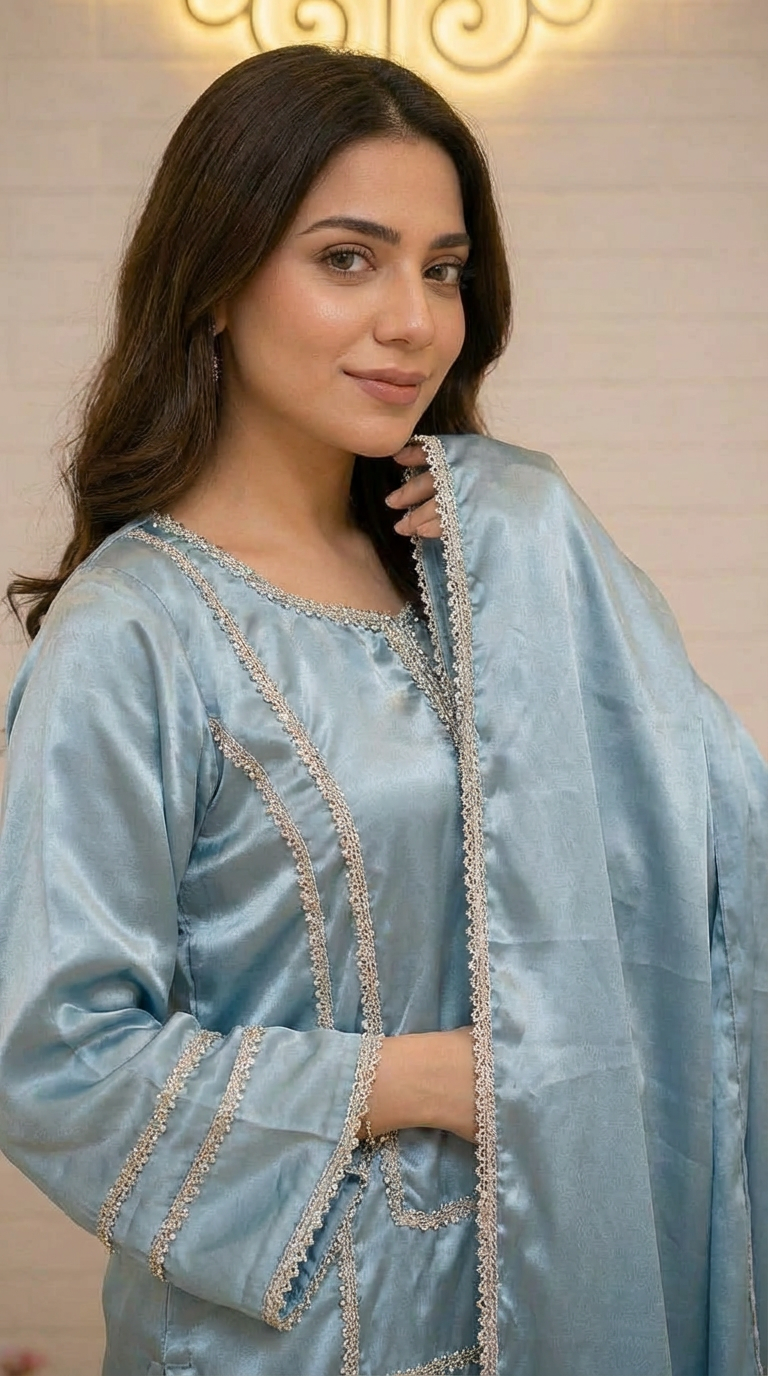 Ice Blue Satin Silk Palazzo Suit | Gold Lace Trim Pakistani Luxury Dress – Aayat Studio - Aayat Studio- House of embroidery