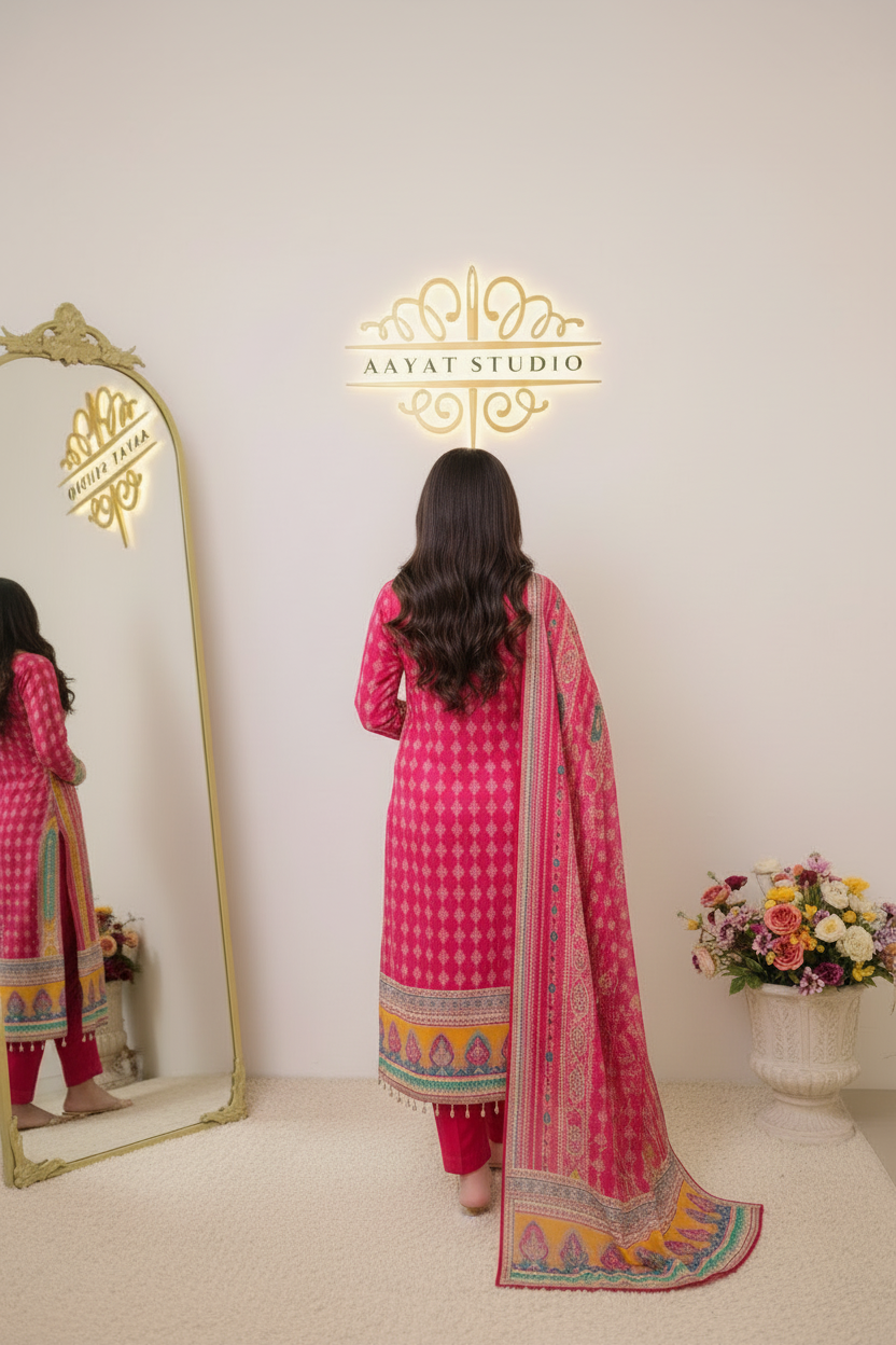 Pink Printed Lawn Suit | Embellished Neckline Kurta – Aayat Studio - Aayat Studio- House of embroidery