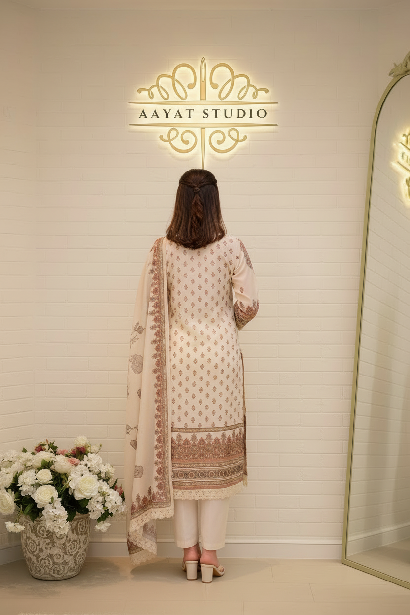 Cream Embroidered Lawn Suit | Floral Kurta with Printed Dupatta – Aayat Studio - Aayat Studio- House of embroidery