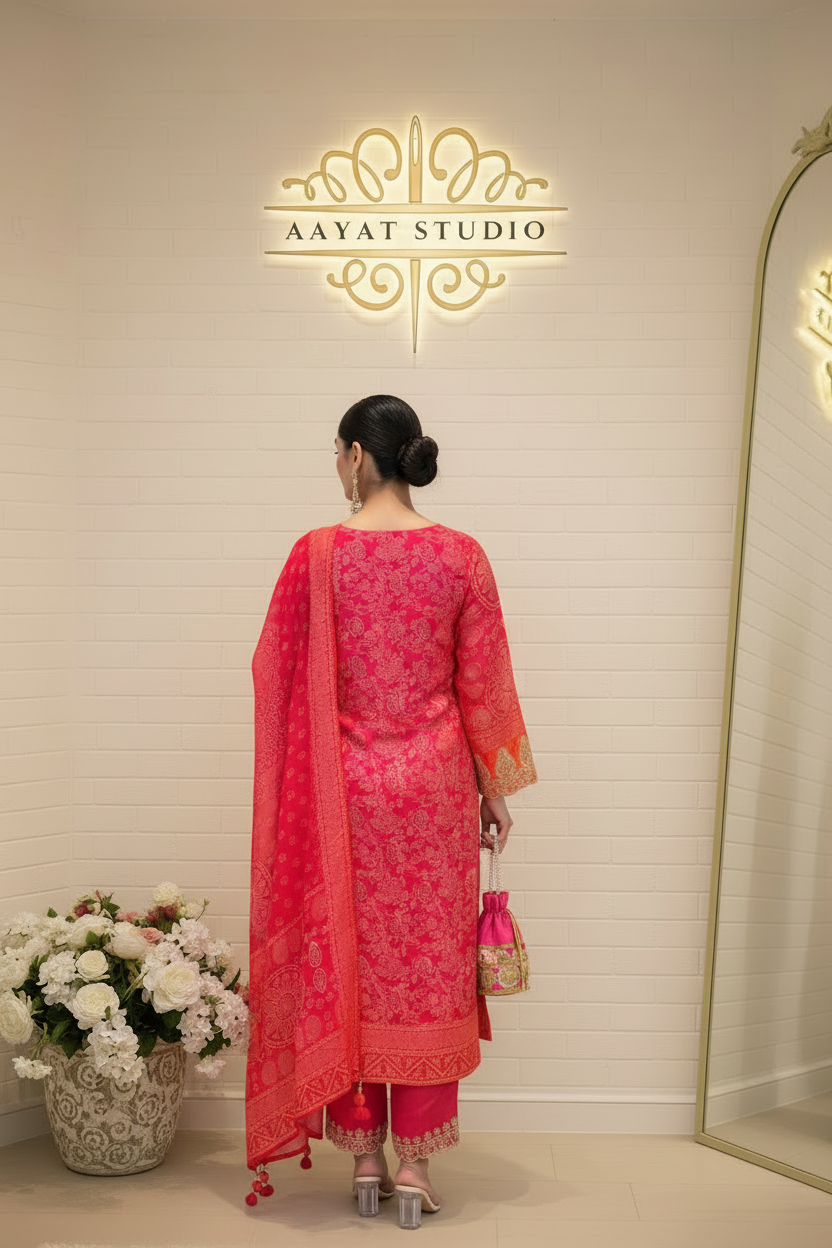 Coral Red Embroidered Suit | Gold Zari Bandhani Kurta – Aayat Studio - Aayat Studio- House of embroidery