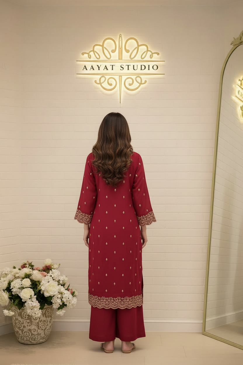 Crimson Red Mirror Work Kurta Set | Gold Zari Embroidered Palazzo Suit – Aayat Studio - Aayat Studio- House of embroidery