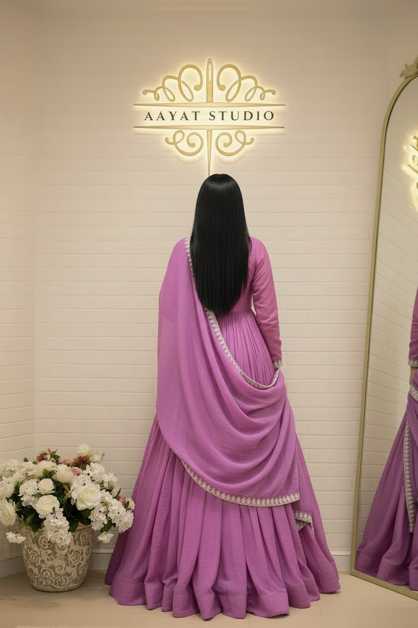 Lilac Purple Anarkali Suit | White Floral Embroidery Chiffon Frock – Aayat Studio - Aayat Studio- House of embroidery