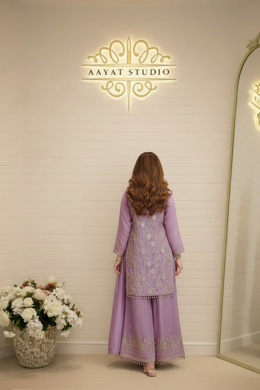 Lilac Sharara Suit | Heavy Multicolour Floral Embroidery Pakistani Dress – Aayat Studio - Aayat Studio- House of embroidery
