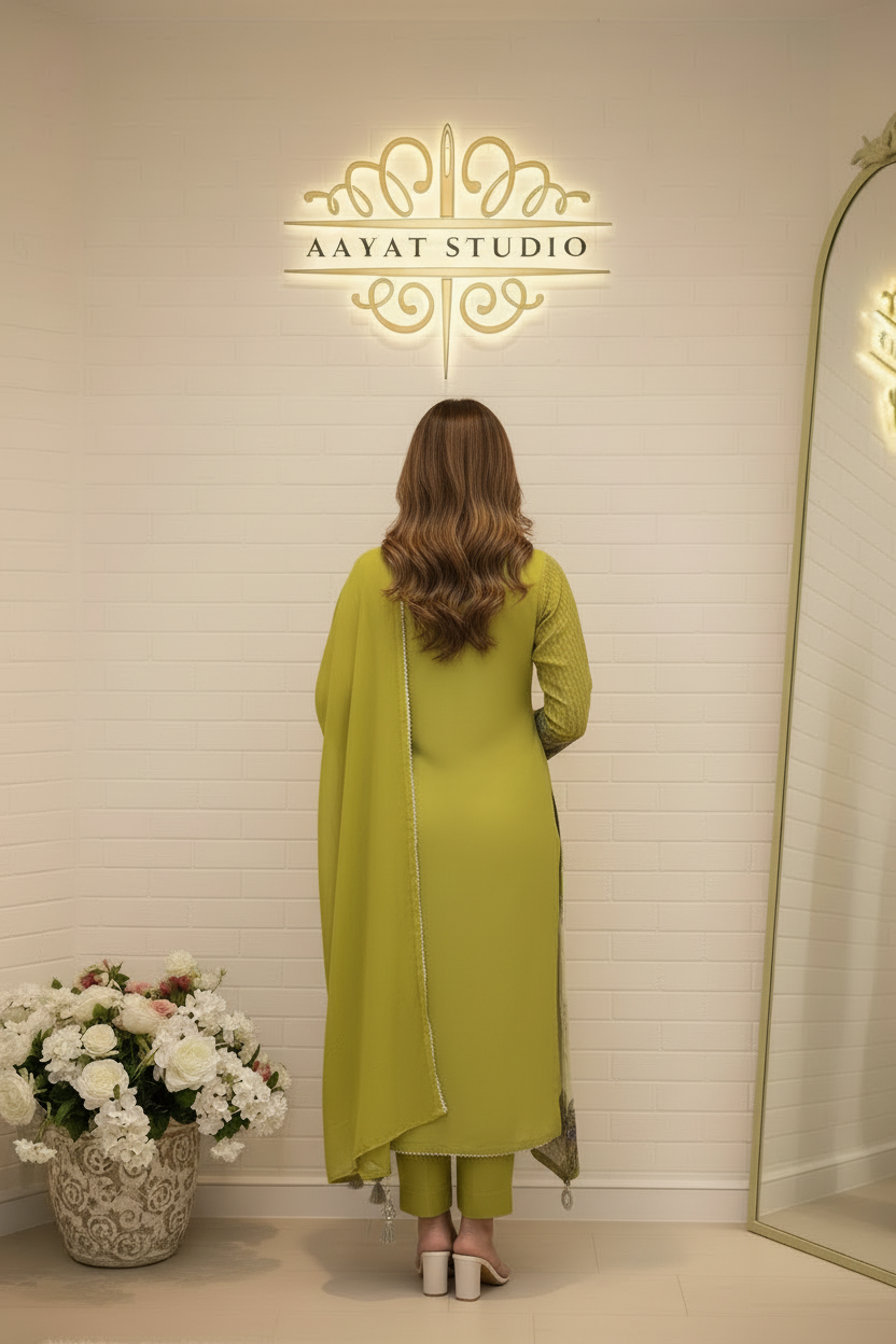 Olive Green Embroidered Suit | Gold Zari Mirror Work Kurta – Aayat Studio - Aayat Studio- House of embroidery