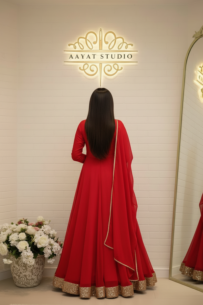 Red Anarkali Gown | Gold Sequin Embroidered Hem Bridal Frock – Aayat Studio - Aayat Studio- House of embroidery