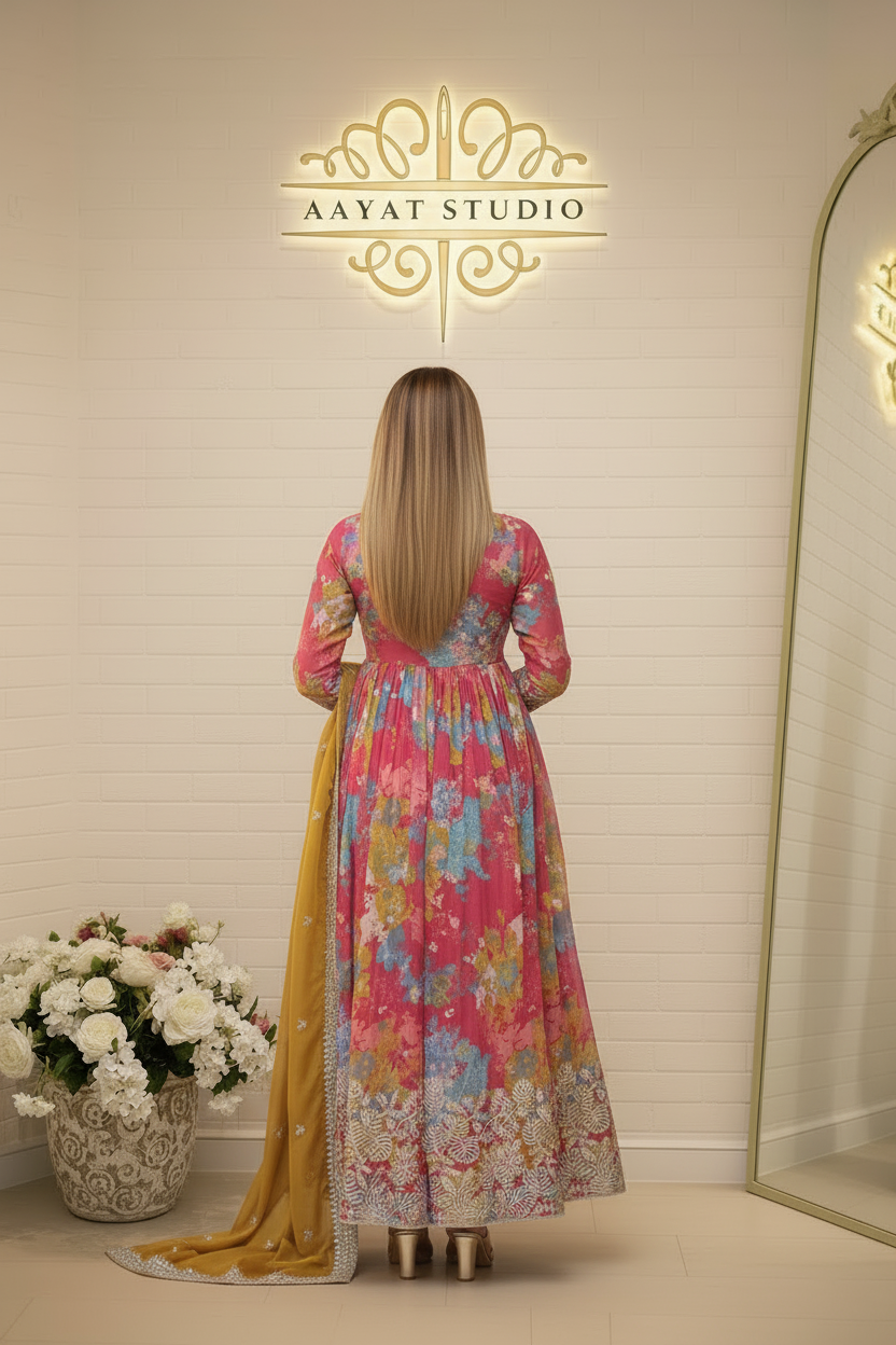 Pink Floral Anarkali Suit | Gold Embroidered Hem Chiffon Frock – Aayat Studio - Aayat Studio- House of embroidery