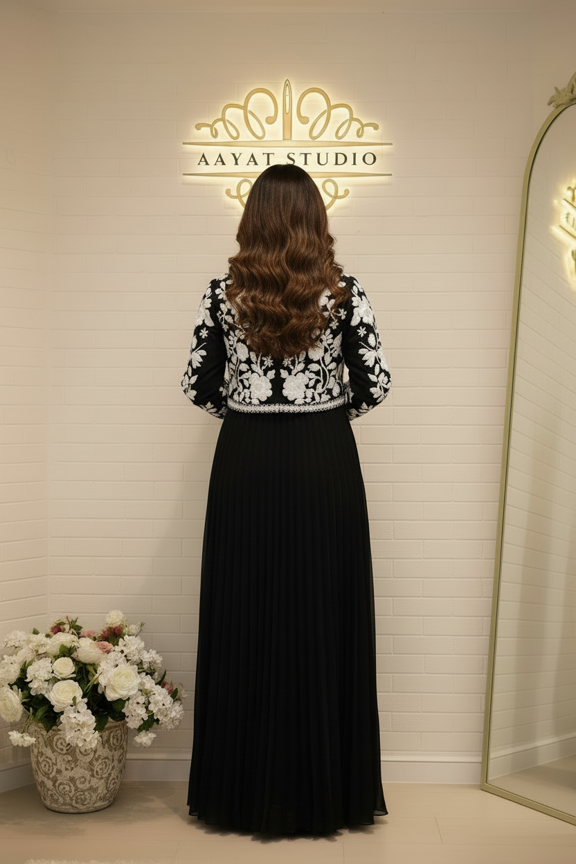 Black Pearl Embroidered Jacket Gown | White Floral Luxury Pakistani Dress – Aayat Studio - Aayat Studio- House of embroidery
