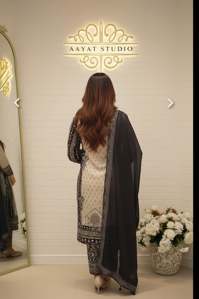 Black Embroidered Lawn Suit | Mirror Work Kurta with Chiffon Dupatta – Aayat Studio - Aayat Studio- House of embroidery