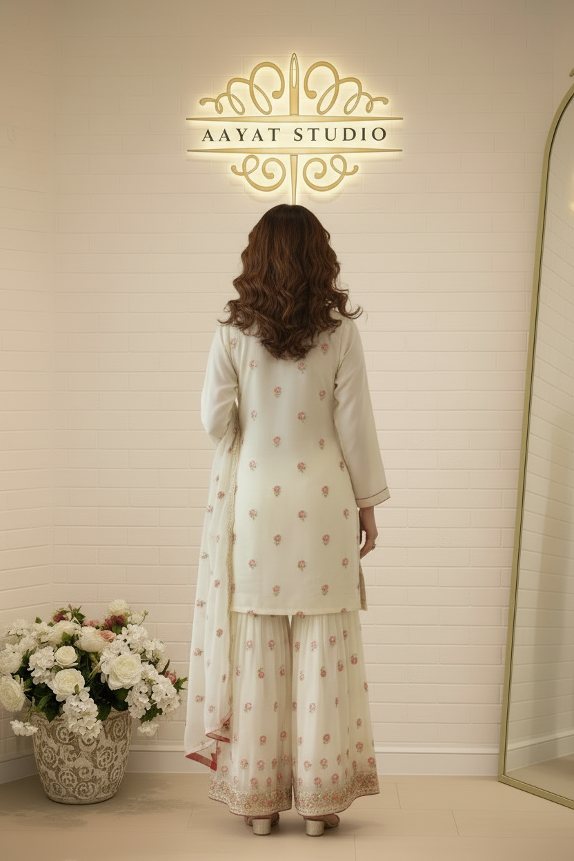 Ivory White Sharara Suit | Mirror Work Pink Floral Embroidery – Aayat Studio - Aayat Studio- House of embroidery
