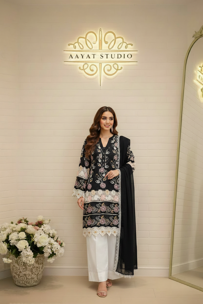 Black Floral Embroidered Kurta Set | 3D Appliqué Multicolour Pakistani Dress – Aayat Studio - Aayat Studio- House of embroidery