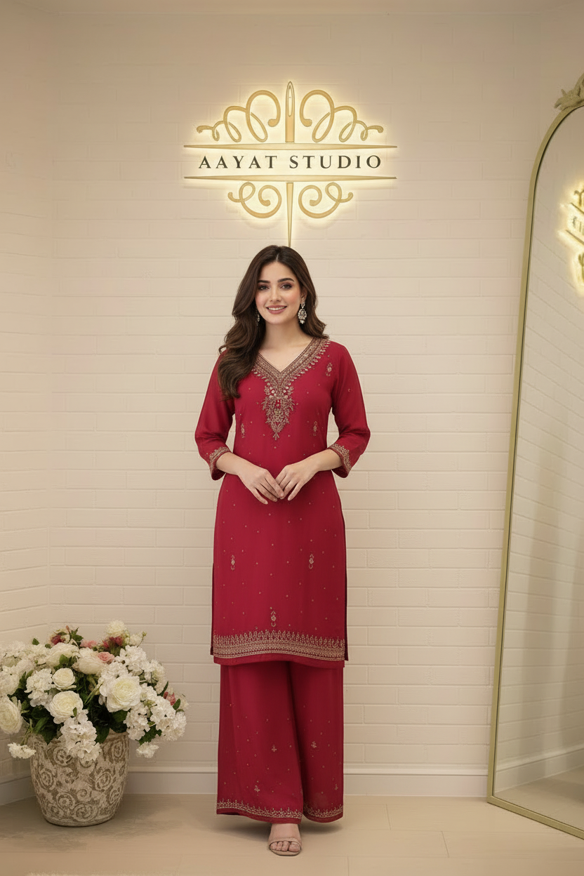 Crimson Red Mirror Work Kurta Set | Gold Zari Embroidered Palazzo Suit – Aayat Studio - Aayat Studio- House of embroidery