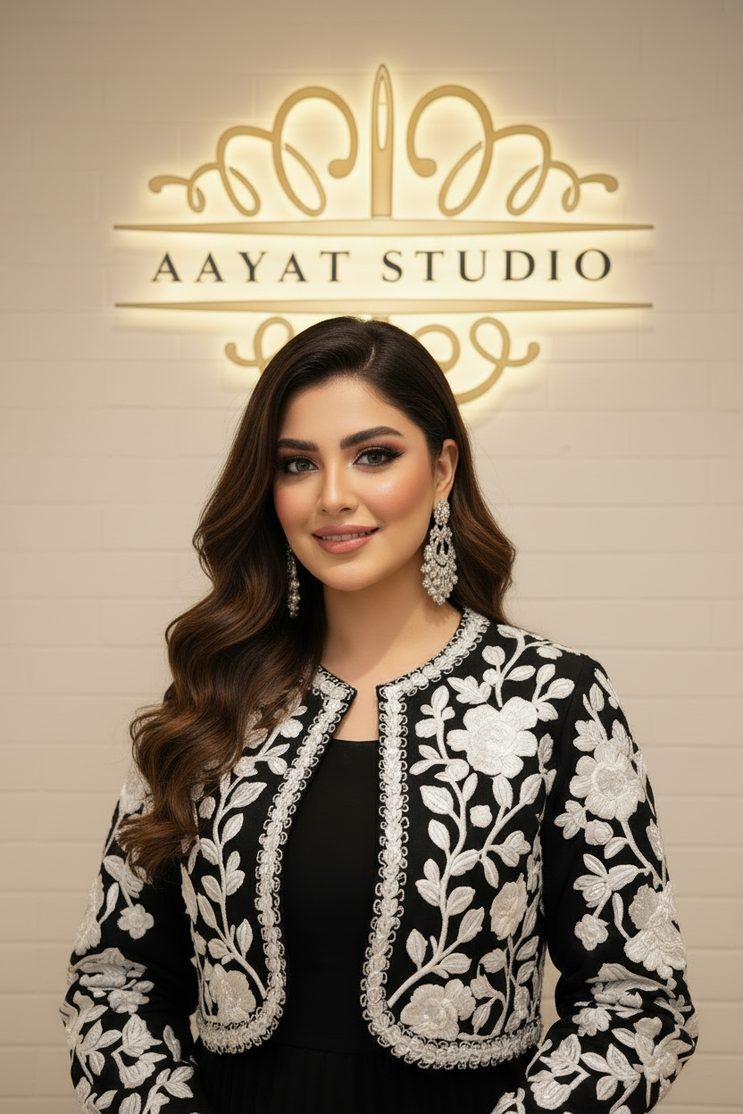 Black Pearl Embroidered Jacket Gown | White Floral Luxury Pakistani Dress – Aayat Studio - Aayat Studio- House of embroidery