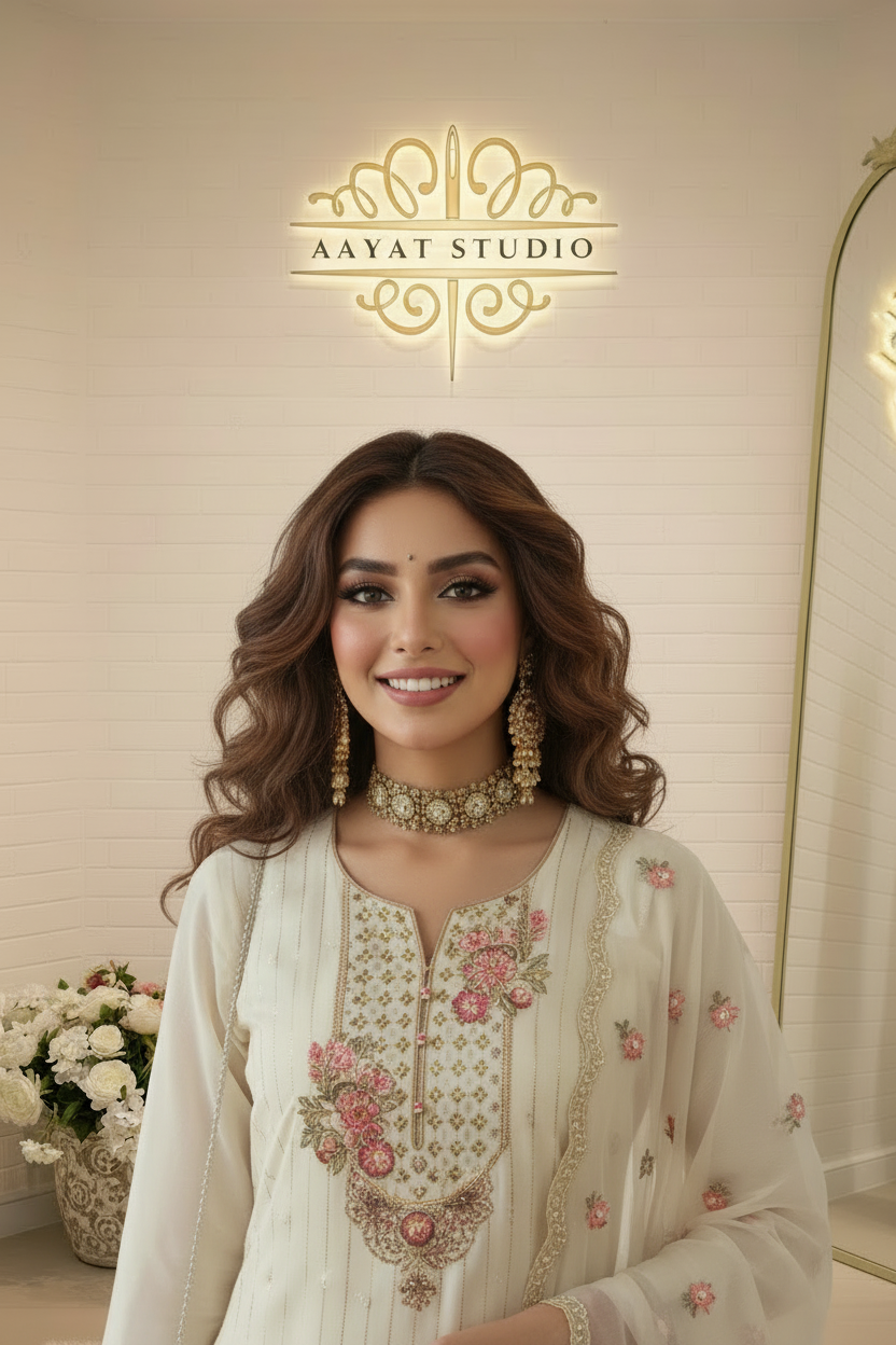 Ivory White Sharara Suit | Mirror Work Pink Floral Embroidery – Aayat Studio - Aayat Studio- House of embroidery