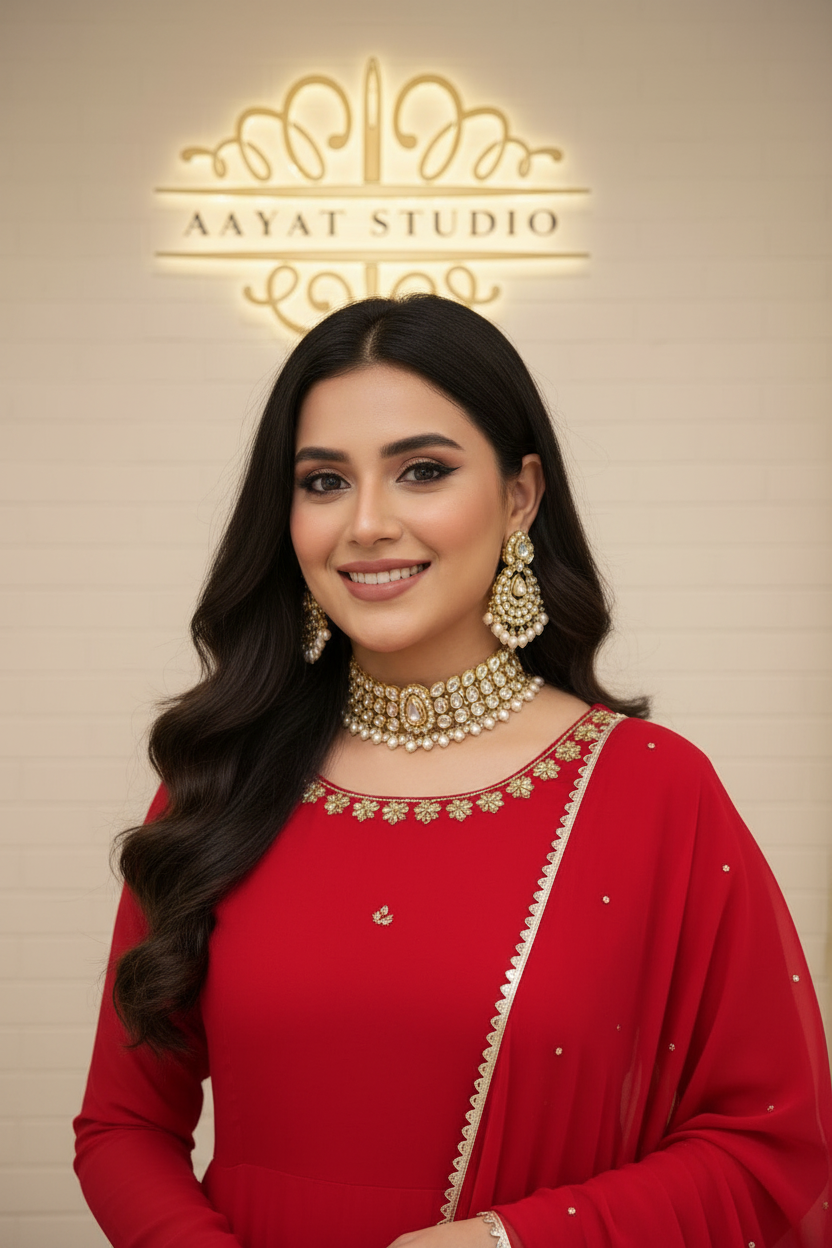 Red Anarkali Gown | Gold Sequin Embroidered Hem Bridal Frock – Aayat Studio - Aayat Studio- House of embroidery