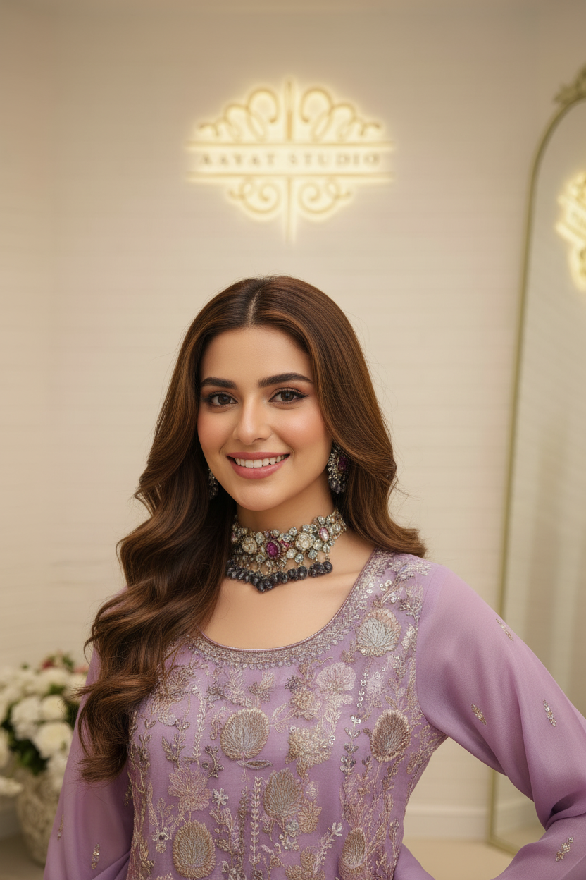 Lilac Sharara Suit | Heavy Multicolour Floral Embroidery Pakistani Dress – Aayat Studio - Aayat Studio- House of embroidery