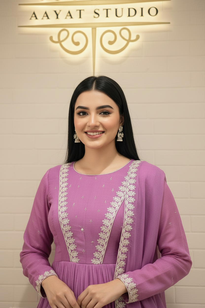 Lilac Purple Anarkali Suit | White Floral Embroidery Chiffon Frock – Aayat Studio - Aayat Studio- House of embroidery