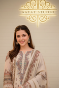 Cream Embroidered Lawn Suit | Floral Kurta with Printed Dupatta – Aayat Studio - Aayat Studio- House of embroidery