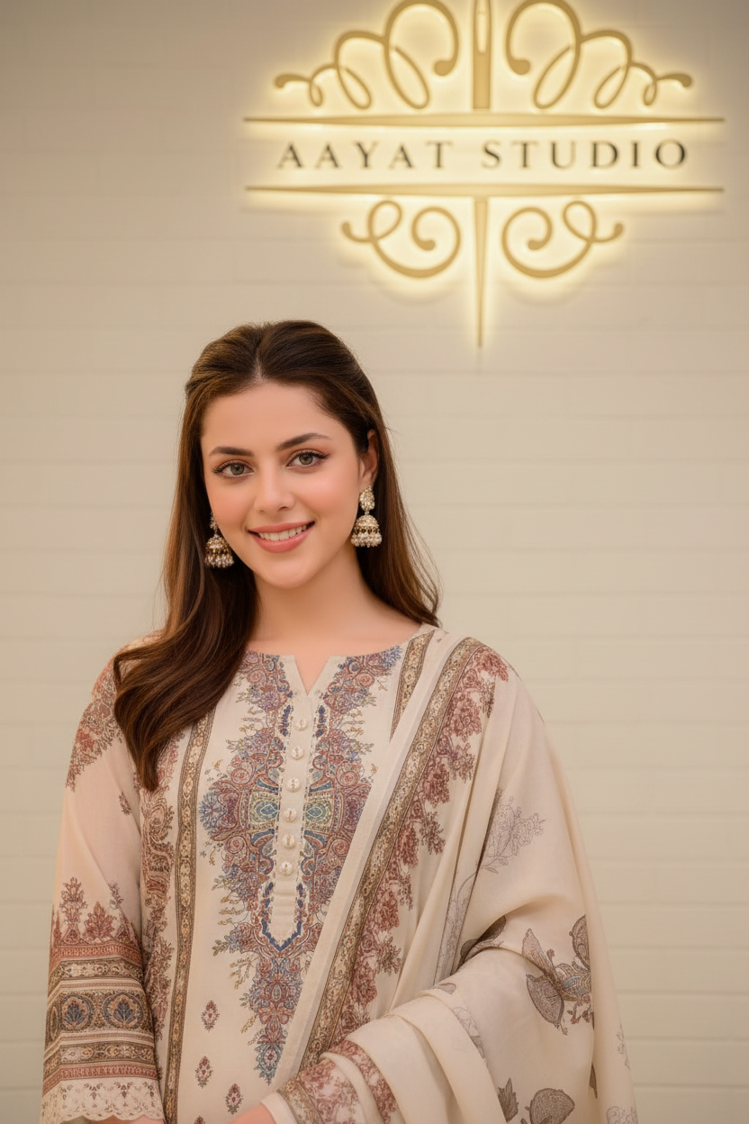 Cream Embroidered Lawn Suit | Floral Kurta with Printed Dupatta – Aayat Studio - Aayat Studio- House of embroidery