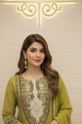 Olive Green Embroidered Suit | Gold Zari Mirror Work Kurta – Aayat Studio - Aayat Studio- House of embroidery
