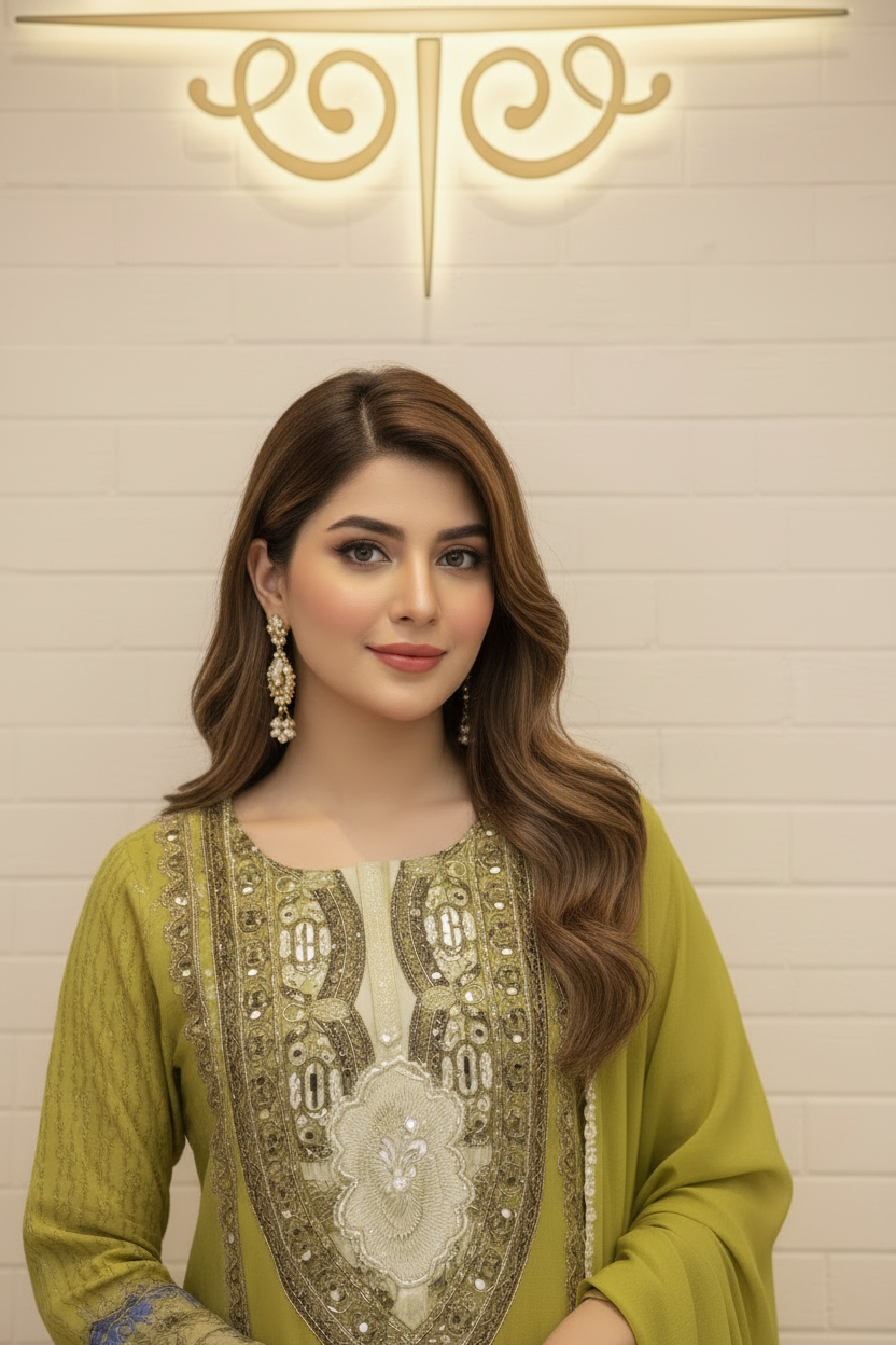 Olive Green Embroidered Suit | Gold Zari Mirror Work Kurta – Aayat Studio - Aayat Studio- House of embroidery