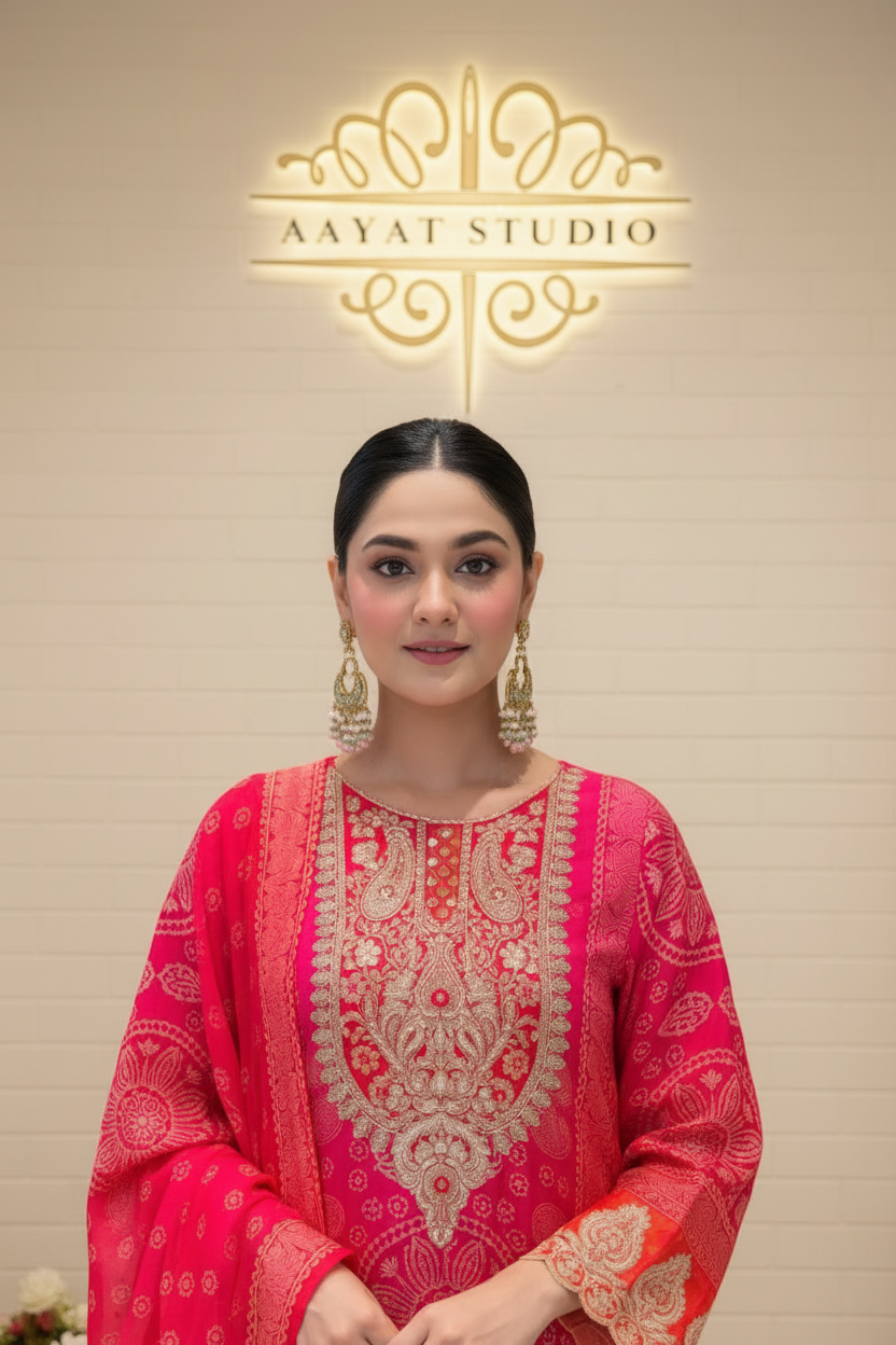 Coral Red Embroidered Suit | Gold Zari Bandhani Kurta – Aayat Studio - Aayat Studio- House of embroidery
