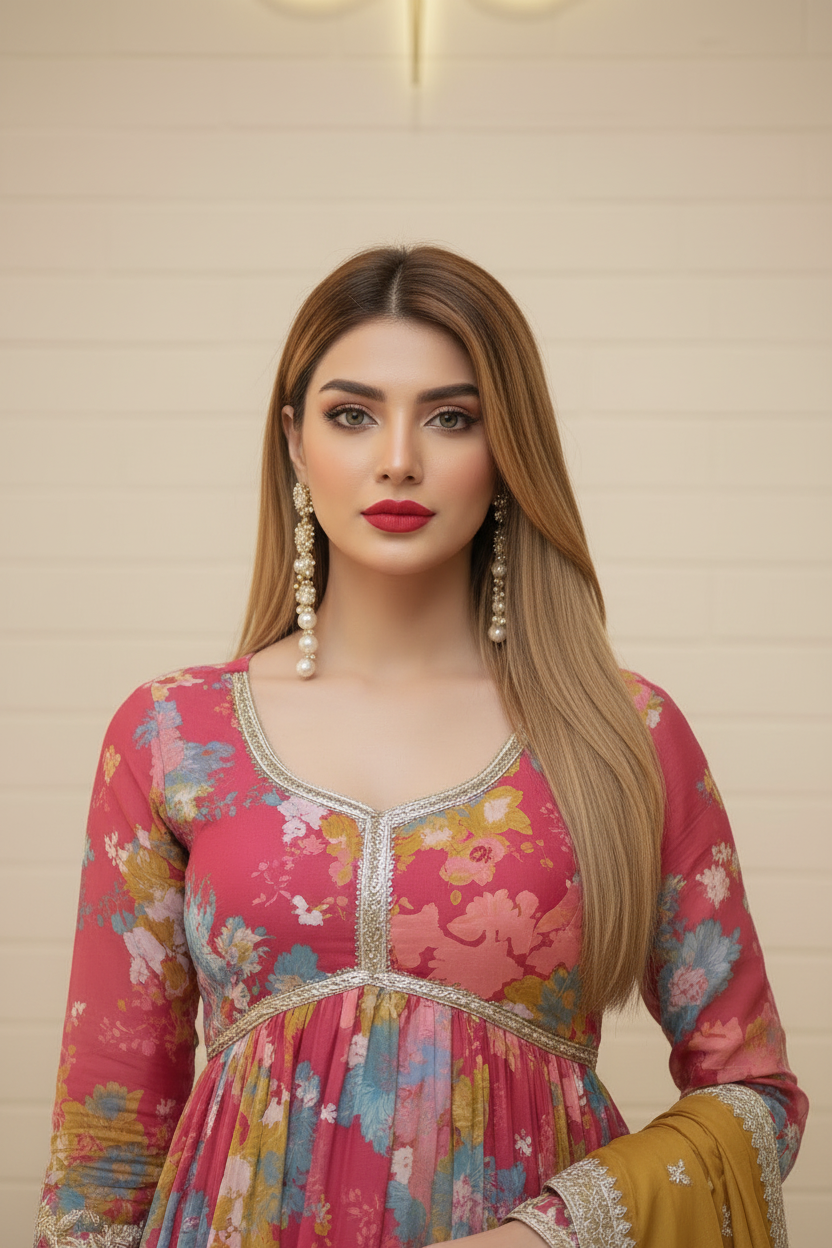 Pink Floral Anarkali Suit | Gold Embroidered Hem Chiffon Frock – Aayat Studio - Aayat Studio- House of embroidery