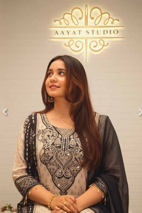 Black Embroidered Lawn Suit | Mirror Work Kurta with Chiffon Dupatta – Aayat Studio - Aayat Studio- House of embroidery