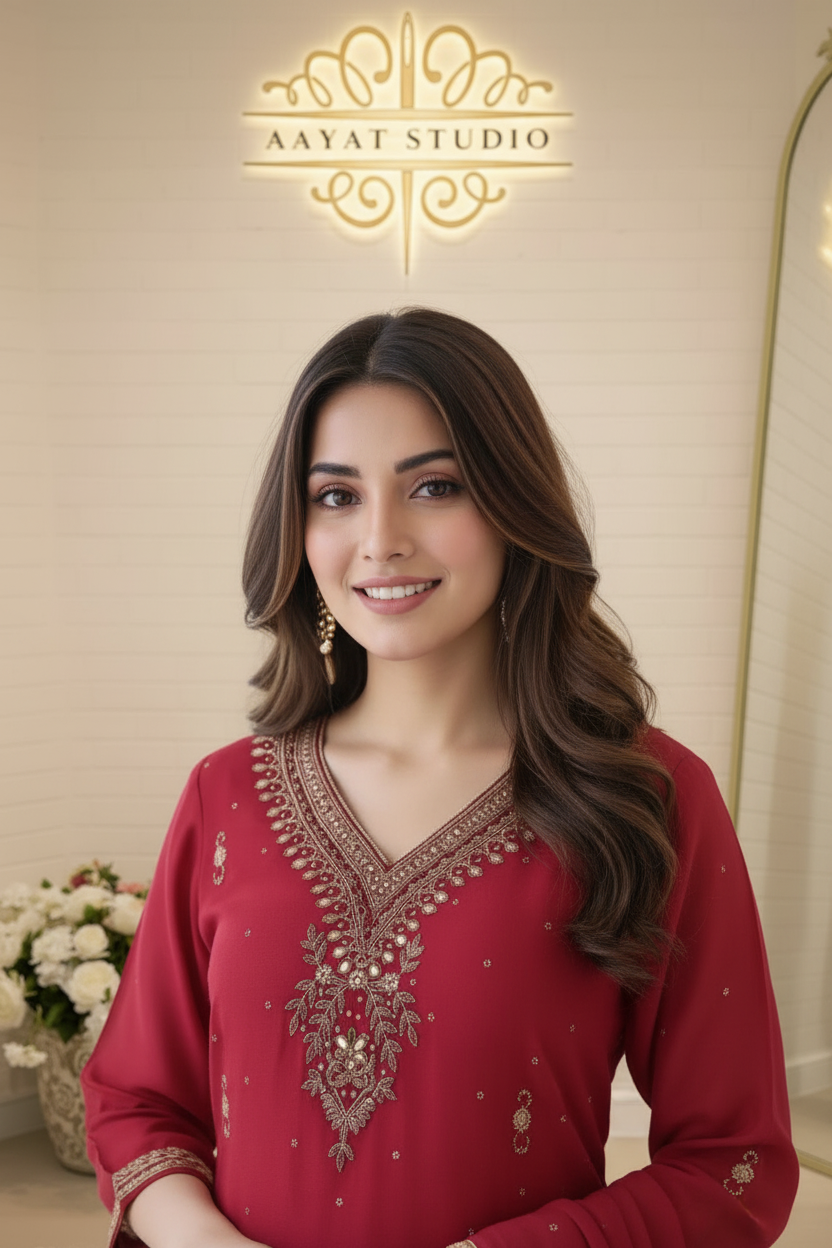 Crimson Red Mirror Work Kurta Set | Gold Zari Embroidered Palazzo Suit – Aayat Studio - Aayat Studio- House of embroidery