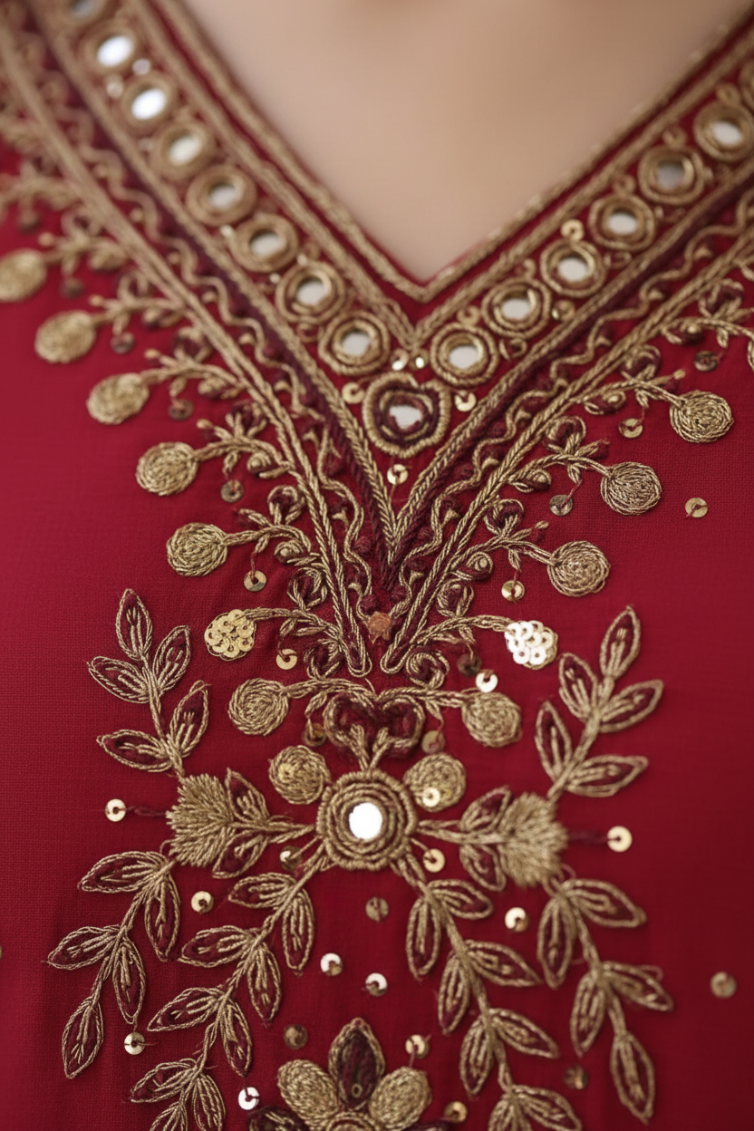 Crimson Red Mirror Work Kurta Set | Gold Zari Embroidered Palazzo Suit – Aayat Studio - Aayat Studio- House of embroidery