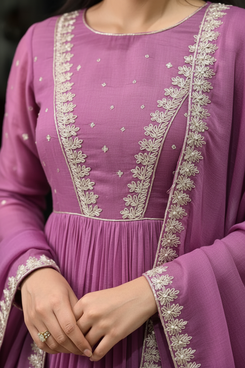 Lilac Purple Anarkali Suit | White Floral Embroidery Chiffon Frock – Aayat Studio - Aayat Studio- House of embroidery