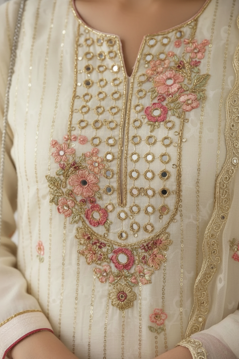 Ivory White Sharara Suit | Mirror Work Pink Floral Embroidery – Aayat Studio - Aayat Studio- House of embroidery